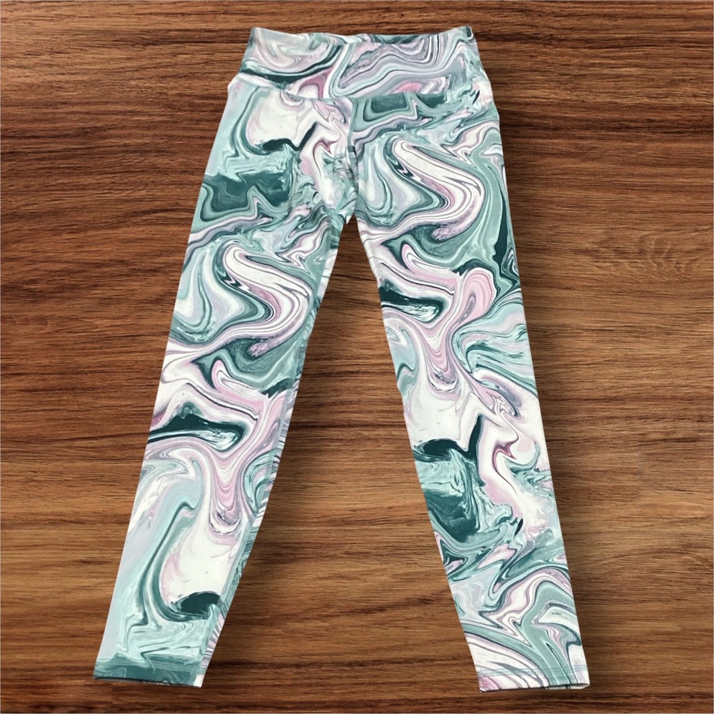 Old Navy Active PowerPress High Rise Leggings Green Pink Marble Swirl Medium